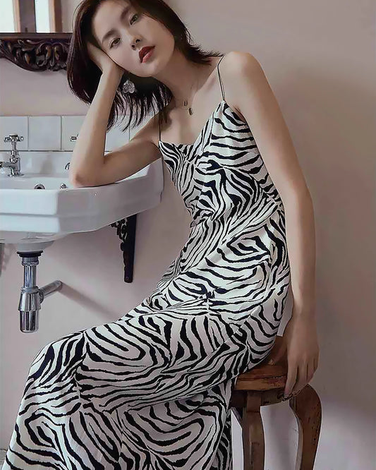 Zebra Print Spaghetti Strap Silk Dress