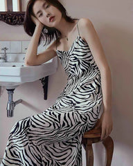 Zebra Print Spaghetti Strap Silk Dress