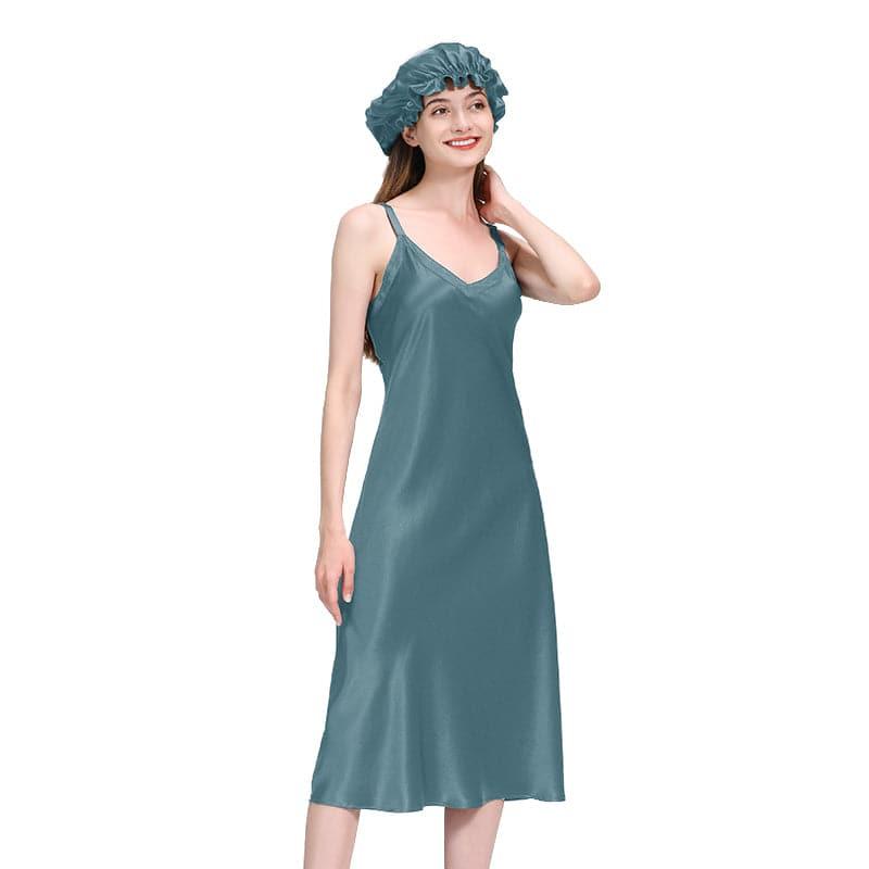 Women 22 Momme Long Silk Nightgown Blue