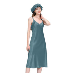 Women 22 Momme Long Silk Nightgown Blue