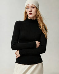 100% Cashmere Lettuce Trim Mock Neck Pullover