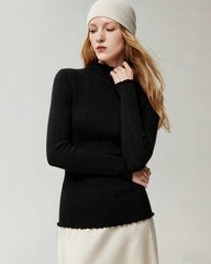 100% Cashmere Lettuce Trim Mock Neck Pullover