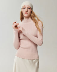100% Cashmere Lettuce Trim Mock Neck Pullover