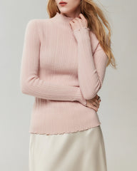 100% Cashmere Lettuce Trim Mock Neck Pullover