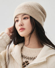100% Cashmere Ribbed Cuffed Knit Beanie