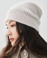 100% Cashmere Ribbed Cuffed Knit Beanie