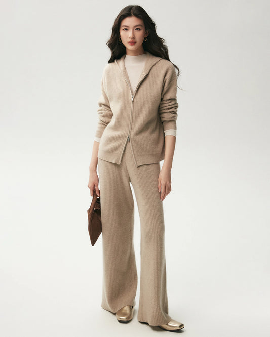 100% Cashmere Ribbed Hooded Zip-Up Cardigan