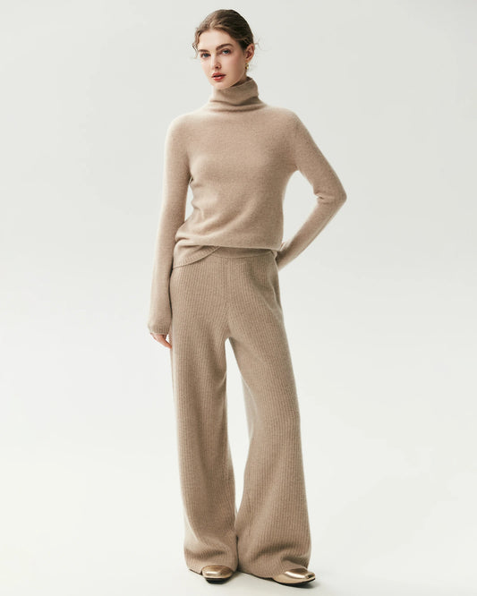 100% Cashmere Ribbed Wide-Leg Pants