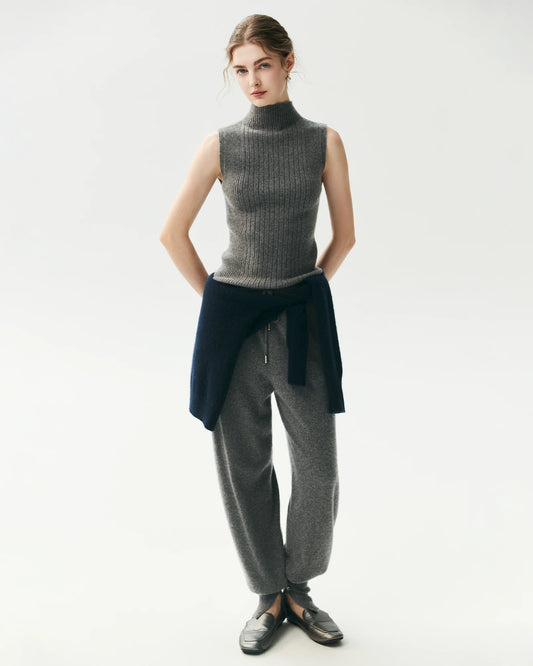 100% Cashmere Sleeveless Mock Neck Ribbed Top
