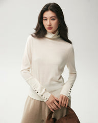 100% Merino Wool Button Cuff Turtleneck