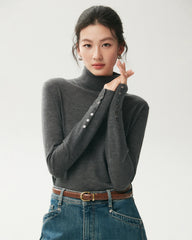100% Merino Wool Button Cuff Turtleneck