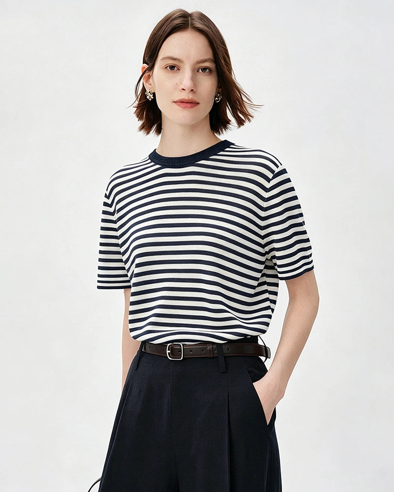 100% Mulberry Silk Jersey Striped T Shirt