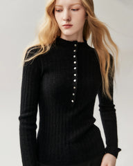 100% Pure Cashmere Button-Cuff Fitted Knit Top