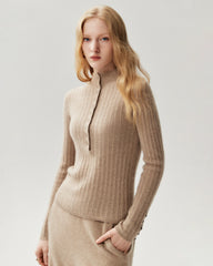 100% Pure Cashmere Button-Cuff Fitted Knit Top