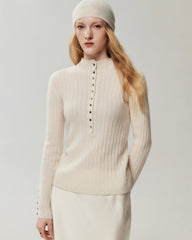 100% Pure Cashmere Button-Cuff Fitted Knit Top