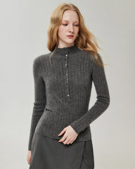 100% Pure Cashmere Button-Cuff Fitted Knit Top