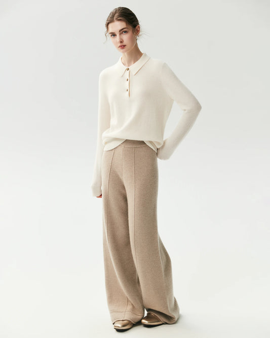 100% Pure Cashmere Collared Long Sleeve Knit Top