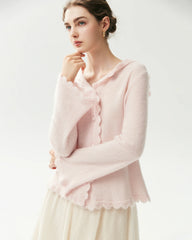 100% Pure Cashmere Crochet-Trim Hooded Cardigan