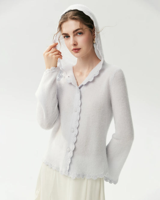 100% Pure Cashmere Crochet-Trim Hooded Cardigan