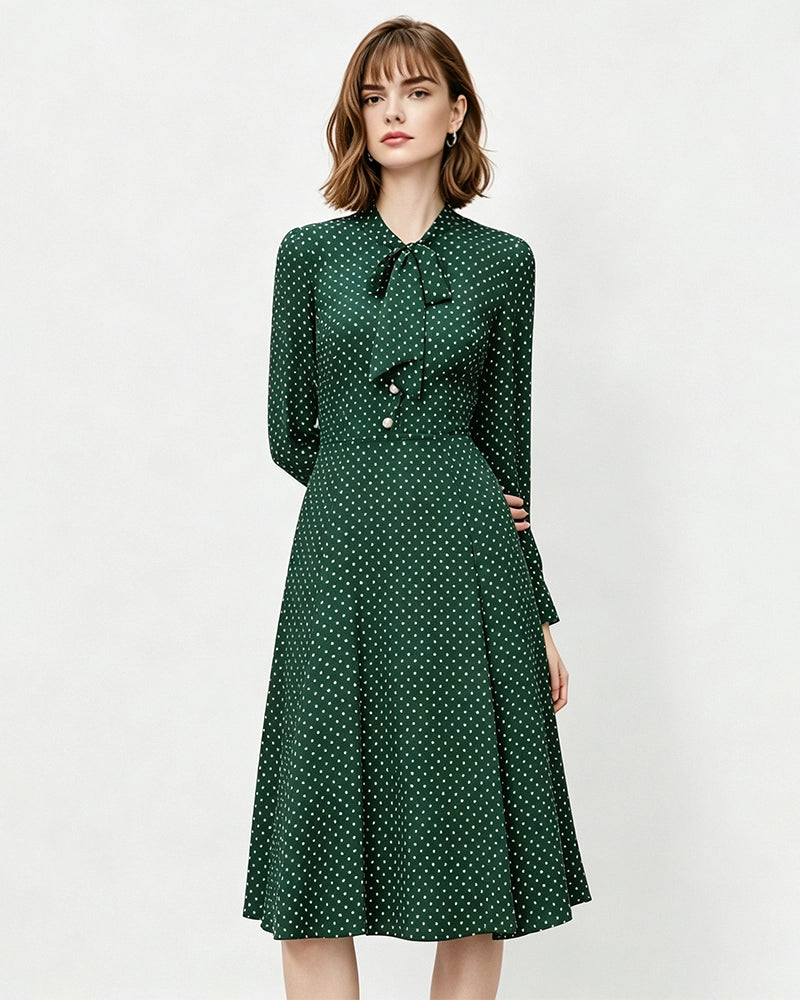 16 Momme Silk Polka Dot Bow Tie Neck Midi Dress