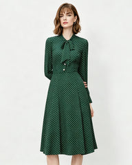 16 Momme Silk Polka Dot Bow Tie Neck Midi Dress