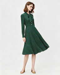 16 Momme Silk Polka Dot Bow Tie Neck Midi Dress