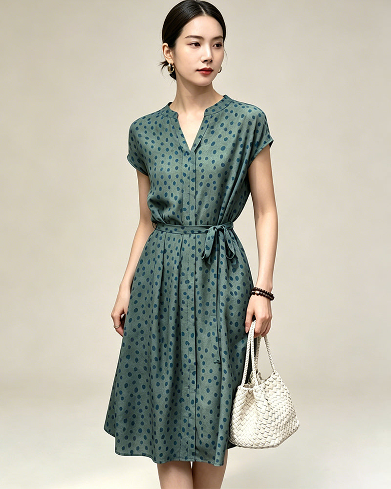 19 Momme Belted Silk A Line Dress in Verdant Dots