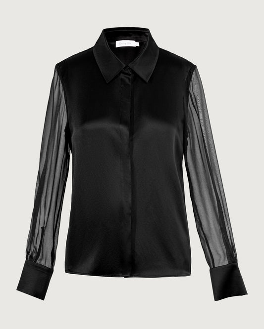19 Momme Silk Black Shirt with Sheer Georgette Sleeves