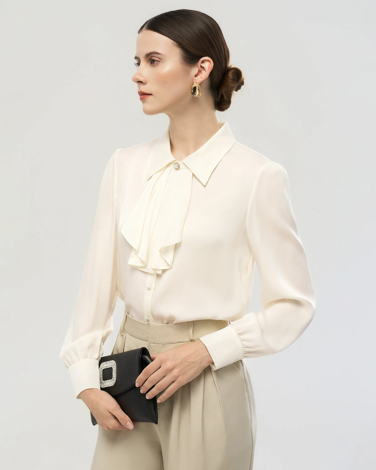 19 Momme Silk Ruffle Collar Long Sleeve Blouse