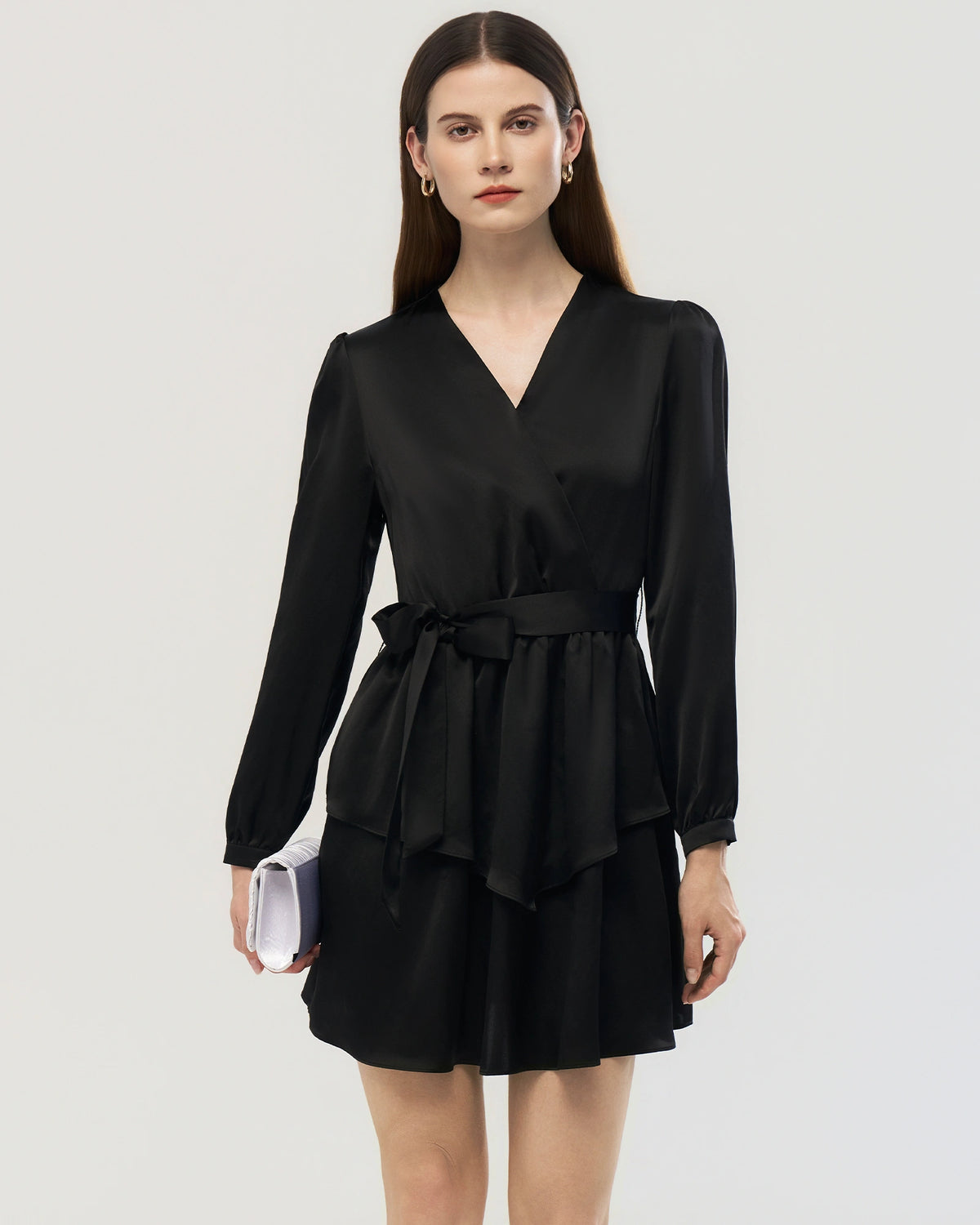 19 Momme Silk Wrap Dress A-Line Long Sleeve
