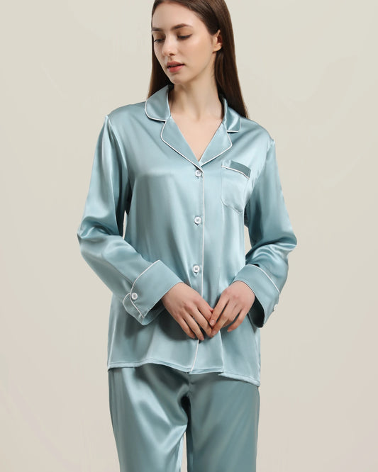 Classic Long Sleeve Silk Pajamas Set Haze Blue