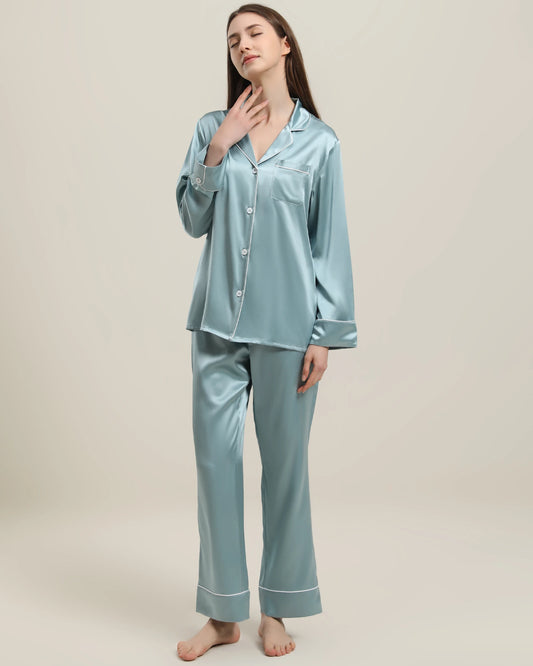 Classic Long Sleeve Silk Pajamas Set Haze Blue