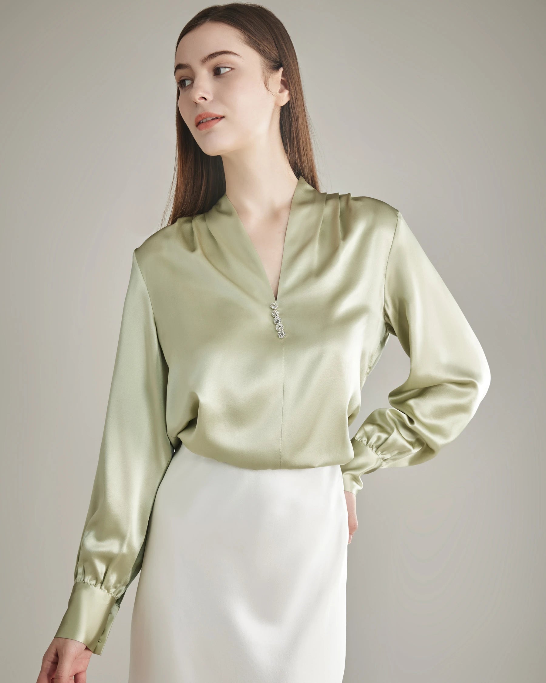 100% Silk Shirt Silk Blouse Avocado Green