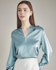 100% Silk Shirt Silk Blouse Haze Blue