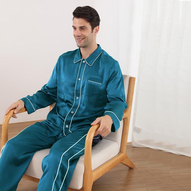 22 Momme Double Button Silk Pajamas Set Peacock Blue