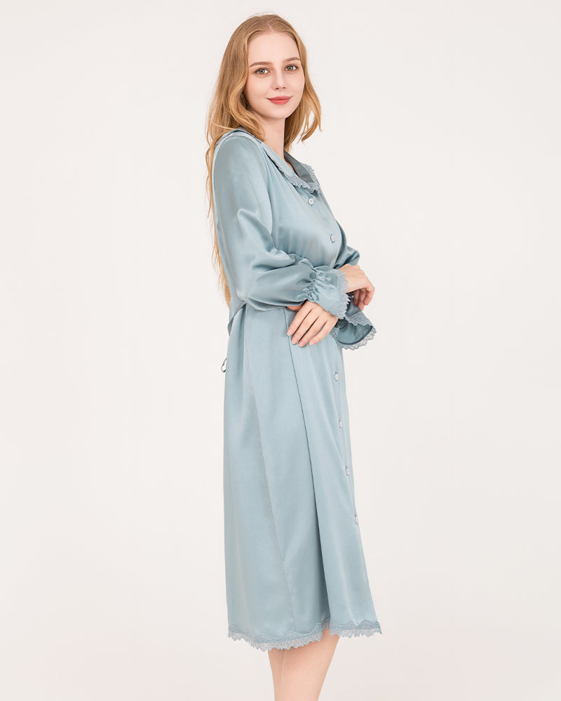 22 Momme Long-Sleeve Silk Dress with Lace Ruffled Cuffs Haze Blue