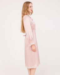 22 Momme Long-Sleeve Silk Dress with Lace Ruffled Cuffs Rose Pink