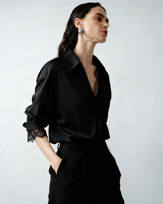 22 Momme Oversized Silk Lace Trim Shirt