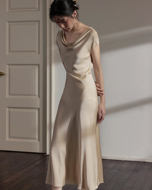 22 Momme Silk Cowl Neck Bias Cut Midi Dress