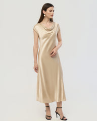 22 Momme Silk Cowl Neck Bias Cut Midi Dress