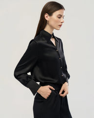 22 Momme Silk Cutout Collar Long Sleeve Blouse