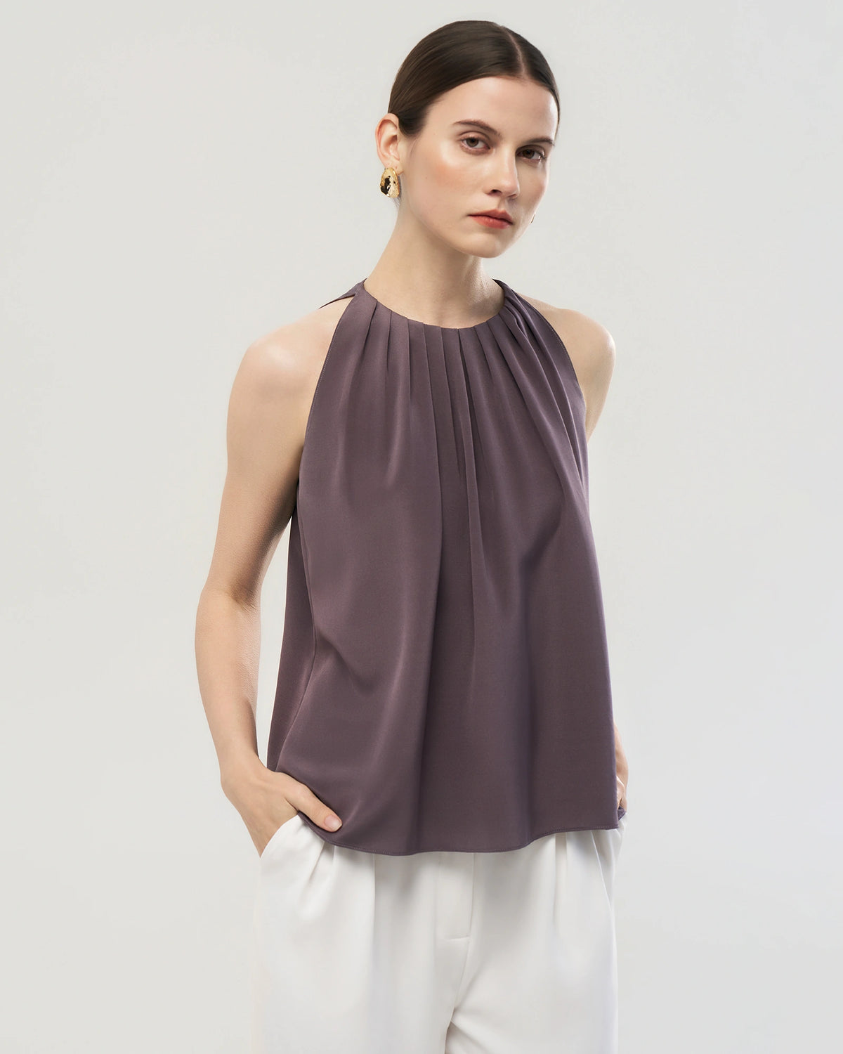 22 Momme Silk Pleated Neck Sleeveless Tank Top