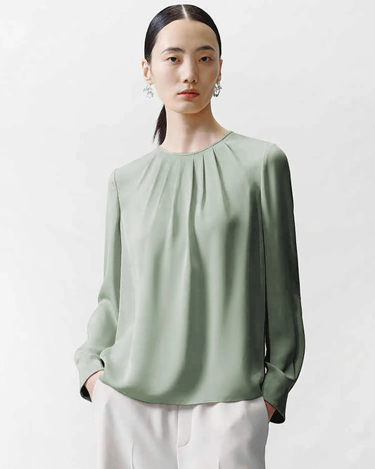 Crew Neck Pleated Silk Blouse