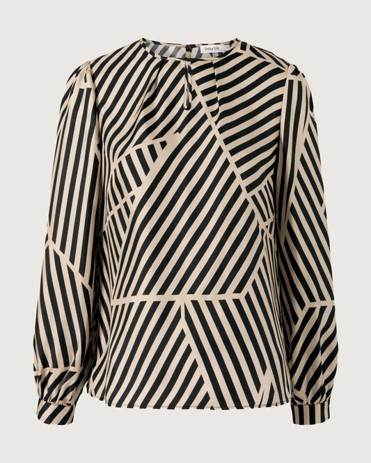 Abstract Stripe Silk Pleated Neck Blouse