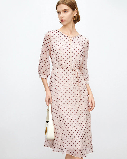 Apricot Brown Polka Dot Silk Midi Dress