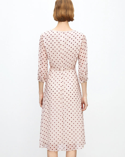 Apricot Brown Polka Dot Silk Midi Dress
