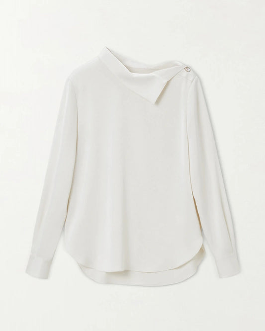 Asymmetric Boat Neck Silk Long Sleeve Blouse