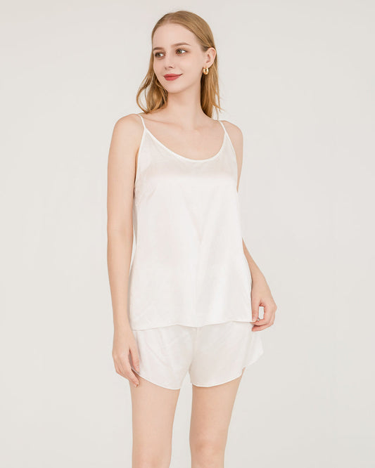 Back-Slit Silk Cami Top and Shorts Pajama Set White