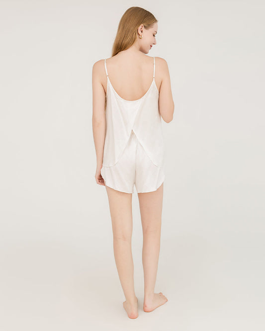Back-Slit Silk Cami Top and Shorts Pajama Set White