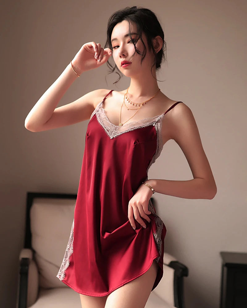 Backless Lace Up Silk Nightie